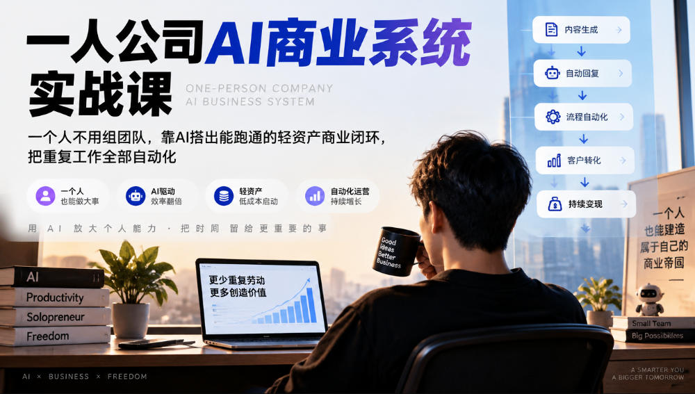 一人公司AI商业系统实战课，一个人不用组团队，靠AI搭出能跑通的轻资产商业闭环，把重复工作全部自动化-副业网