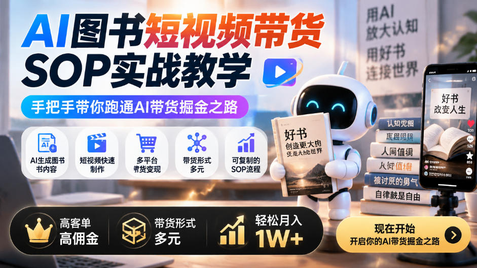 AI图书短视频带货SOP实战教学，手把手带你跑通AI带货掘金之路，高客单高佣金，带货形式多元，轻松月入1W+-副业网