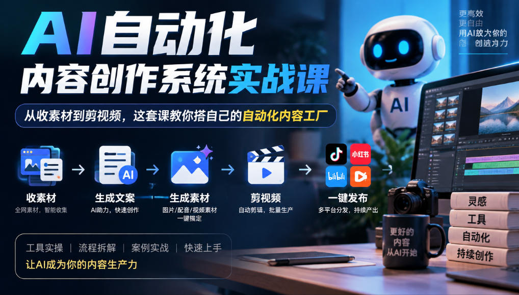 AI自动化内容创作系统实战课，从收素材到剪视频，这套课教你搭自己的自动化内容工厂-副业网