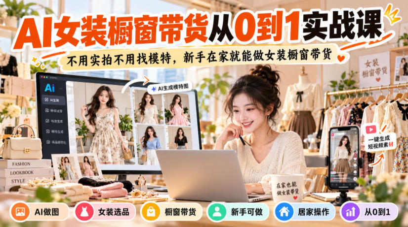 AI女装橱窗带货从0到1实战课，不用实拍不用找模特，新手在家就能做女装橱窗带货-副业网
