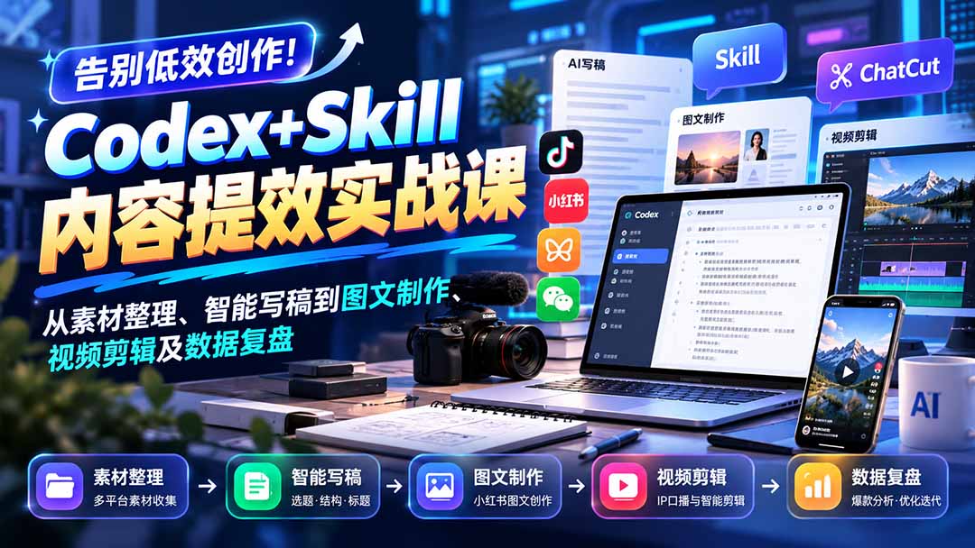 图片[2]-【无水印】告别低效创作！Codex+Skill内容提效实战课：从素材整理、智能写稿到图文制作、视频剪辑及数据复盘-副业网