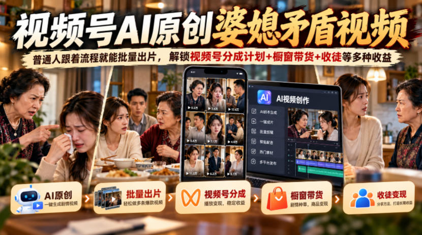 视频号ai原创婆媳矛盾视频，普通人跟着流程就能批量出片，解锁视频号分成计划+橱窗带货+收徒等多种收益-副业网