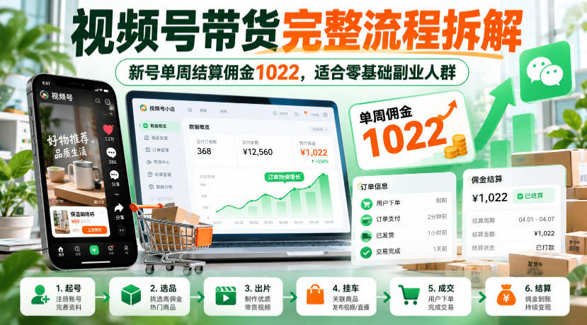 视频号带货完整流程拆解，新号单周结算佣金1022，适合零基础副业人群-副业网
