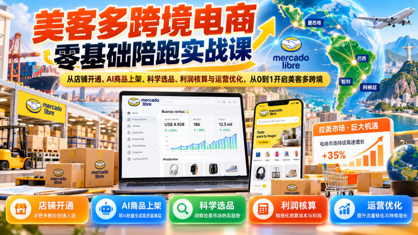美客多跨境电商零基础陪跑实战课：从店铺开通、AI商品上架、科学选品、利润核算与运营优化，从0到1开启美客多跨境-副业网