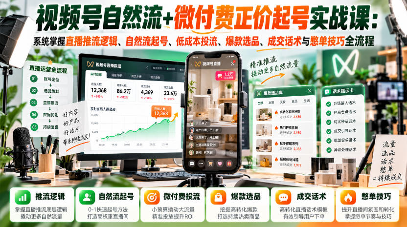 视频号自然流+微付费正价起号实战课：系统掌握直播推流逻辑、自然流起号、低成本投流、爆款选品、成交话术与憋单技巧全流程-副业网