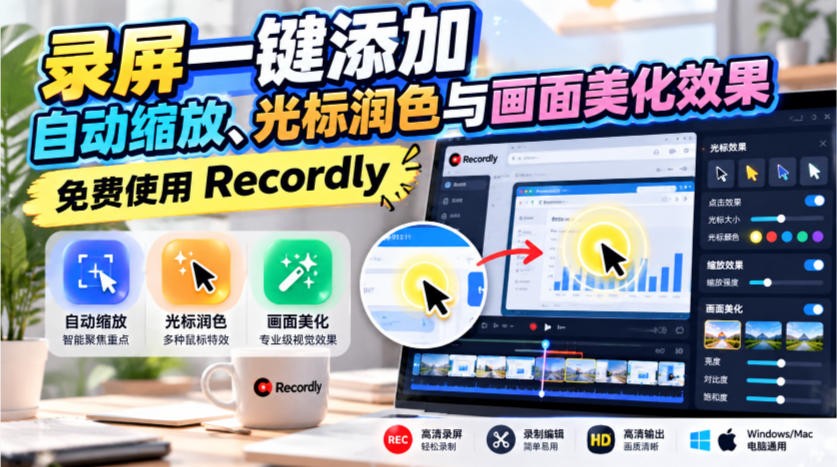 录屏一键添加自动缩放、光标润色与画面美化效果，免费使用Recordly-副业网
