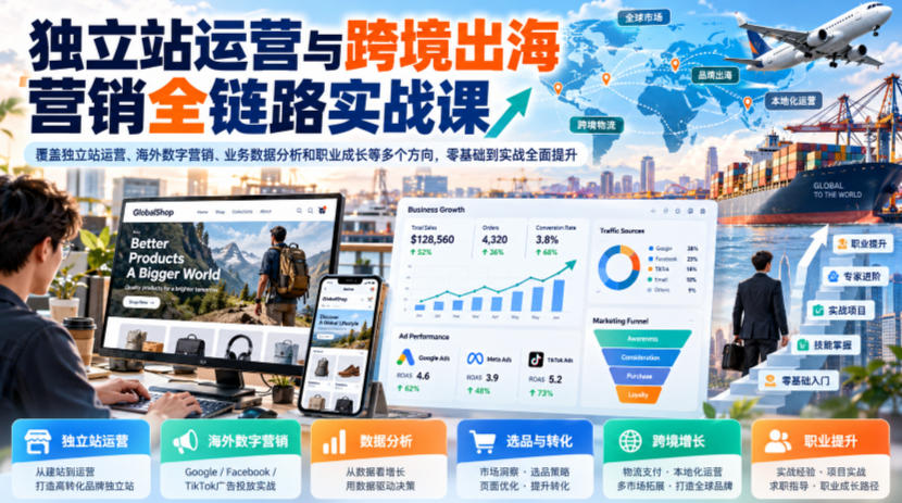 独立站运营与跨境出海营销全链路实战课，覆盖独立站运营、海外数字营销、业务数据分析和职业成长等多个方向，零基础到实战全面提升-副业网