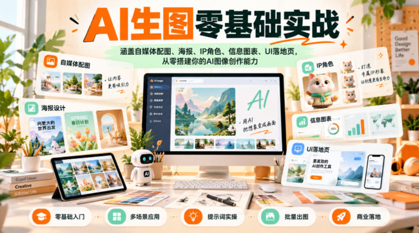 AI生图零基础实战，涵盖自媒体配图、海报、IP角色、信息图表、UI落地页，从零搭建你的AI图像创作能力-副业网