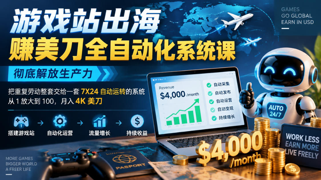 游戏站出海賺美刀全自动化系统课，彻底解放生产力–把重复劳动整套交给一套7X24自动运转的系统，从1放大到100，月入4K美刀-副业网
