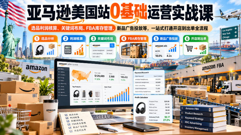 亚马逊美国站0基础运营实战课｜选品利润核算、关键词布局、FBA库存管理、新品广告投放等，一站式打通开店到出单全流程-副业网