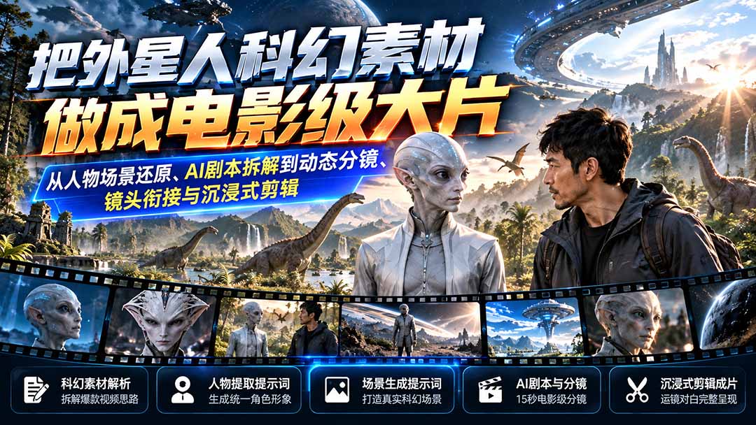 把外星人科幻素材做成电影级大片：从人物场景还原、AI剧本拆解到动态分镜、镜头衔接与沉浸式剪辑-副业网