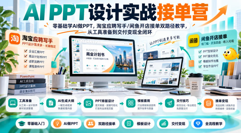 AI PPT设计实战接单营｜零基础学AI做PPT，淘宝应聘写手/闲鱼开店接单双路径教学，从工具准备到交付变现全闭环-副业网