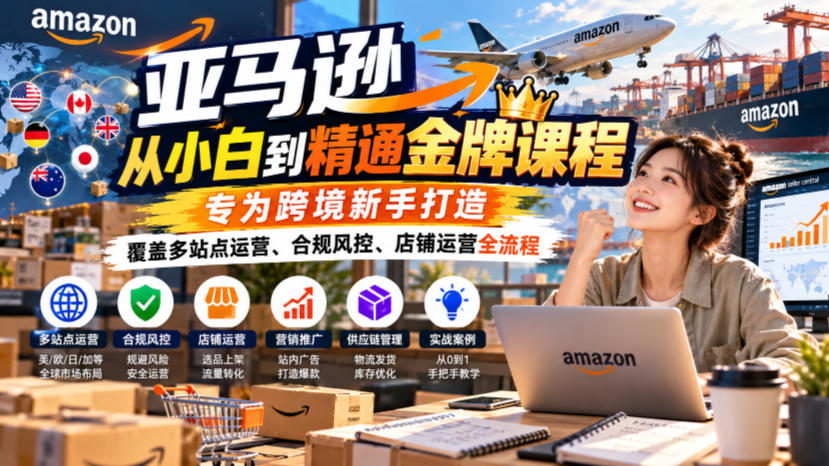 亚马逊从小白到精通金牌课程，专为跨境新手打造，覆盖多站点运营、合规风控、店铺运营全流程-副业网