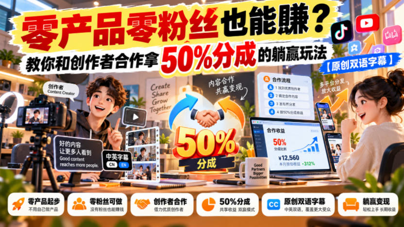 【无水印】零产品零粉丝也能賺？教你和创作者合作拿50%分成的躺赢玩法【原创双语字幕】-副业网