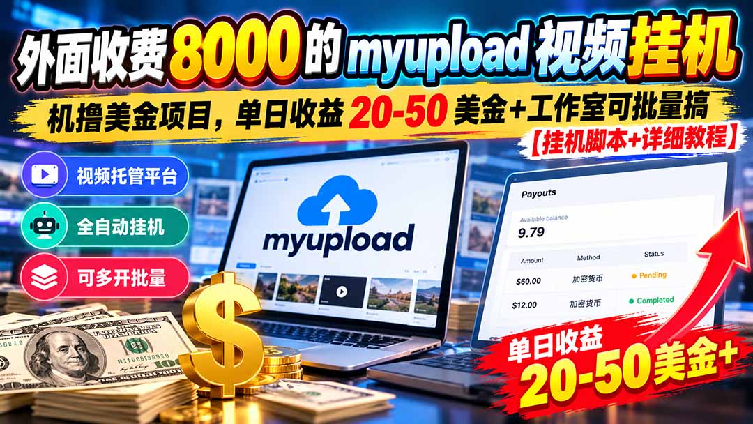 外面收费8000的myupload视频挂机撸美金项目，单日收益20-50美金+工作室可批量搞【挂机脚本+详细-副业网