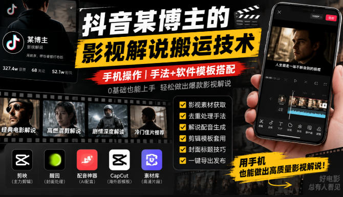抖音某博主的影视解说搬运技术，手机操作，手法+软件模板搭配-副业网