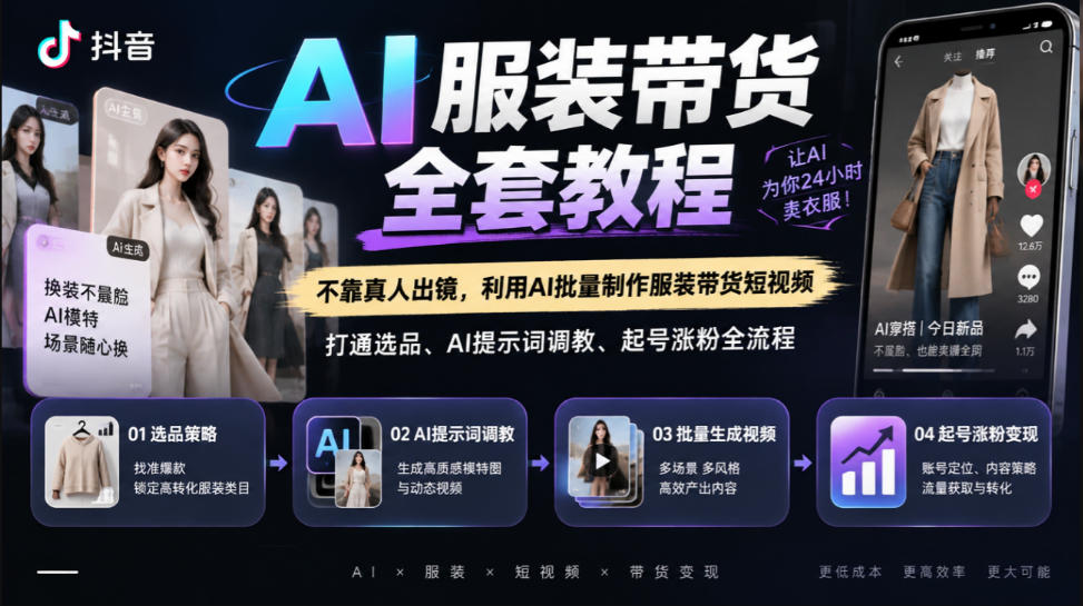 抖音AI服装带货全套教程，不靠真人出镜，利用AI批量制作服装带货短视频，打通选品、AI提示词调教、起号涨粉全流程-副业网