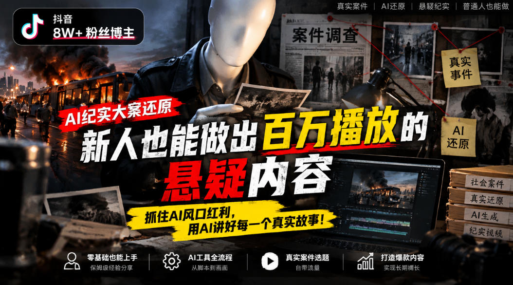 抖音8W粉丝博主的AI纪实大案还原教学，新人也能做出百W播放的悬疑内容，抓住AI风口红利，用AI讲好每一个真实故事(更新1014)-副业网