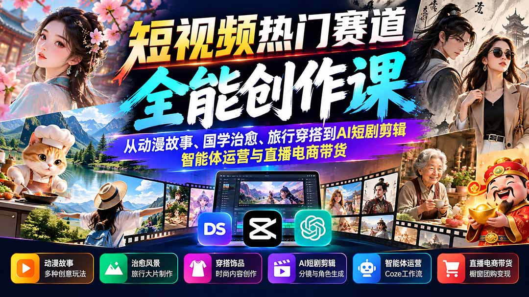 短视频热门赛道全能创作课：从动漫故事、国学治愈、旅行穿搭到AI短剧剪辑、智能体运营与直播电商带货-副业网
