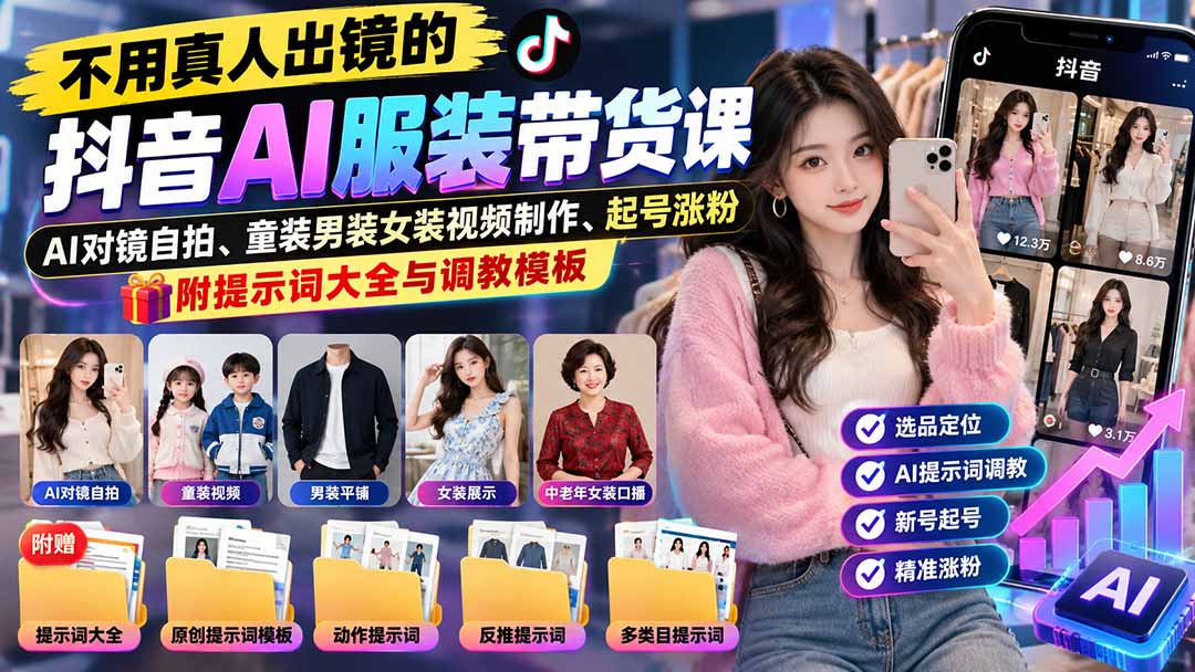 图片[2]-不用真人出镜的抖音AI服装带货课：AI对镜自拍、童装男装女装视频制作、起号涨粉，附提示词大全与调教模板-副业网