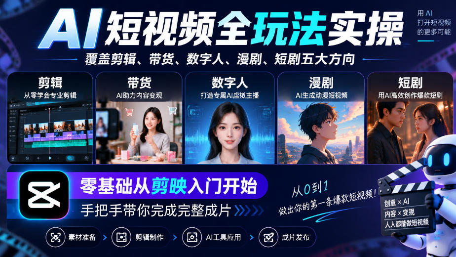 AI短视频全玩法实操，覆盖剪辑、带货、数字人、漫剧、短剧五大方向，零基础从剪映入门开始，手把手带你完成完整成片-副业网