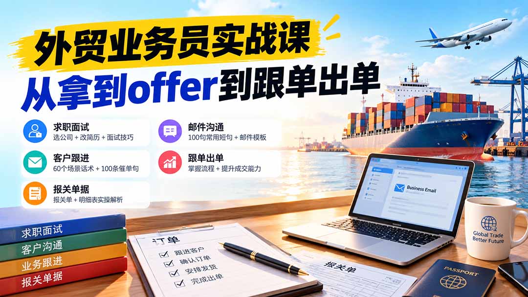 外贸业务员从求职到出单实战课：教你筛选优质公司、优化简历、应对面试、客户跟进催单及出口报关操作篇-副业网