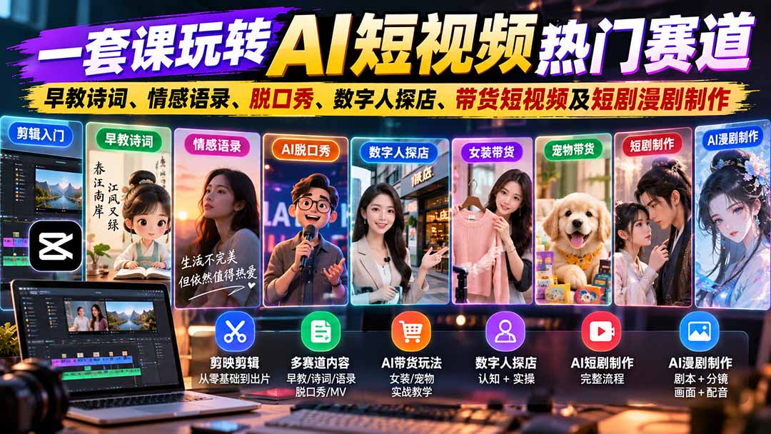 图片[2]-一套课玩转AI短视频热门赛道：早教诗词、情感语录、脱口秀、数字人探店、带货短视频及短剧漫剧制作  复制标题-副业网