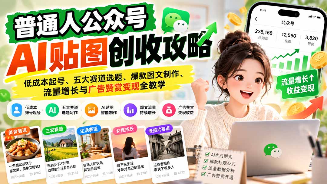 普通人公众号AI贴图创收攻略：低成本起号、五大赛道选题、爆款图文制作、流量增长与广告赞赏变现全教学-副业网