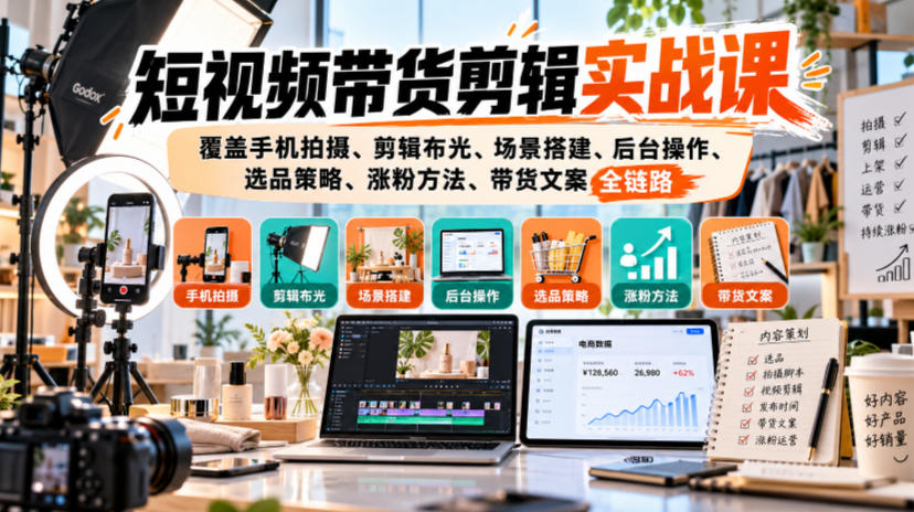 短视频带货剪辑实战课，覆盖手机拍摄、剪辑布光、场景搭建、后台操作、选品策略、涨粉方法、带货文案全链路-副业网