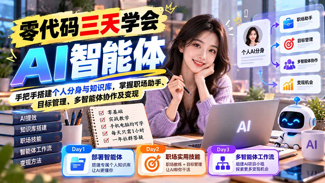 【无水印】零代码三天学会AI智能体：手把手搭建个人分身与知识库，掌握职场助手、目标管理、多智能体协作及变现-副业网