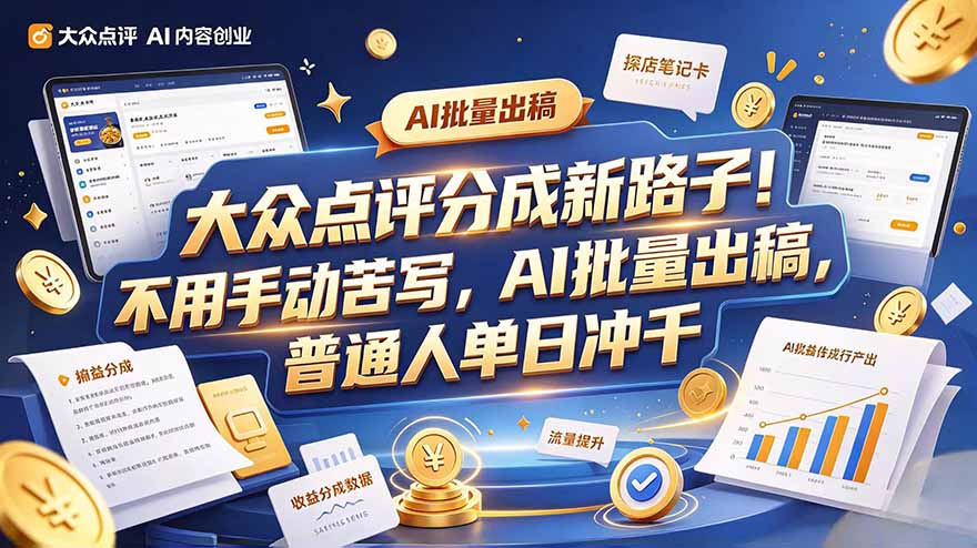 大众点评副业新玩法，工具提效解放双手，批量做笔记，单日可破千-副业网