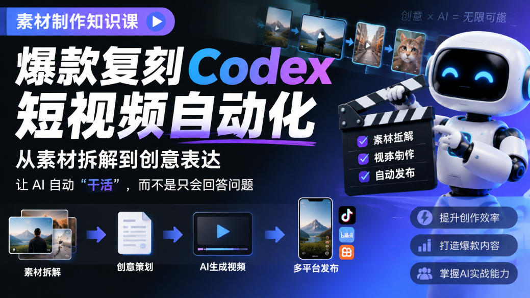 素材制作知识课，爆款复刻Codex短视频自动化，从素材拆解到创意表达，让AI自动“干活”，而不是只会回答问题-副业网