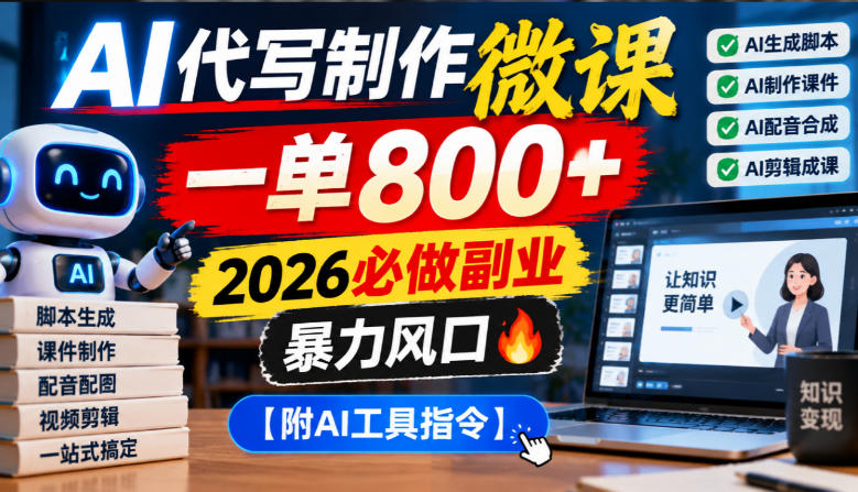AI代写制作微课，一单800+，2026必做副业，暴力风口【附AI工具指令】【揭秘】-副业网