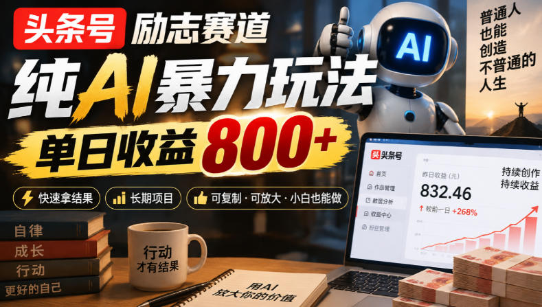 头条号励志赛道，纯AI暴力玩法，单日收益800+，快速拿结果，长期项目-副业网