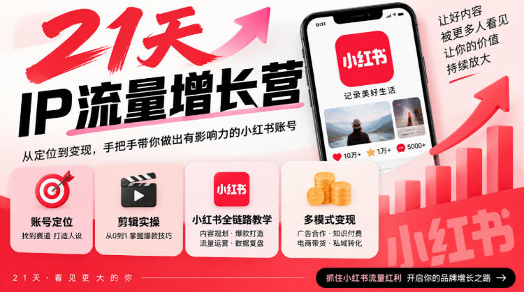 21天IP流量增长营，小红书全链路教学，账号定位剪辑实操，多模式变现系统课-副业网