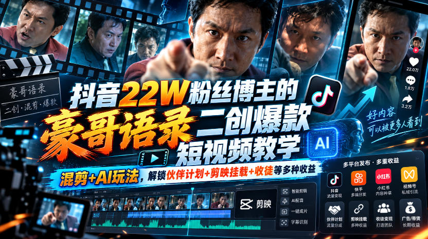 抖音22W粉丝博主的豪哥语录二创爆款短视频教学，混剪+AI玩法，解锁伙伴计划+剪映挂载+收徒等多种收益-副业网