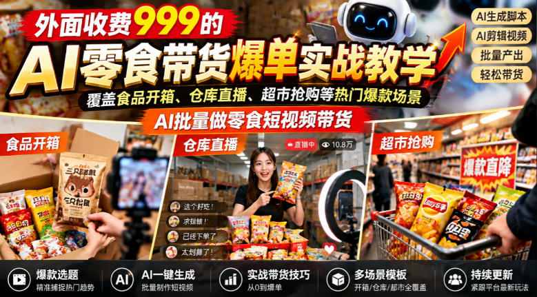 外面收费999的AI零食带货爆单实战教学，覆盖食品开箱、仓库直播、超市抢购等热门爆款场景，AI批量做零食短视频带货-副业网