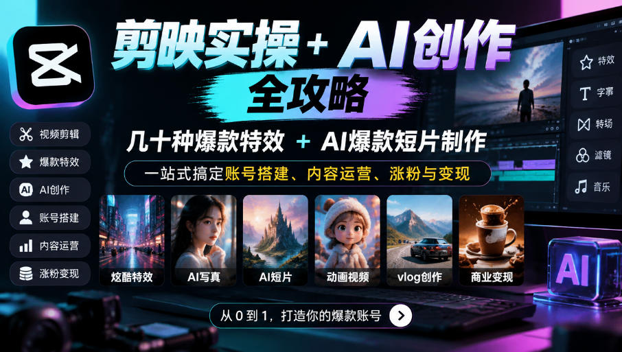 剪映实操+AI创作全攻略｜几十种爆款特效+AI爆款短片制作，一站式搞定账号搭建、内容运营、涨粉与变现-副业网