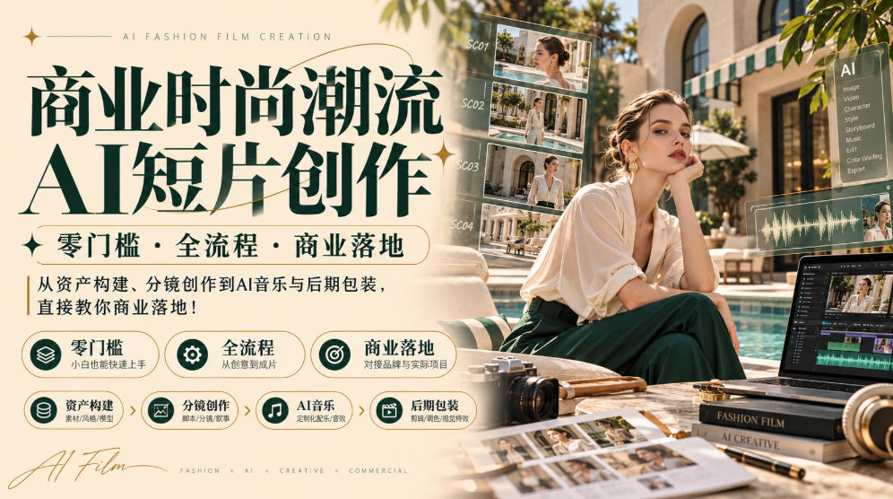 商业时尚潮流AI短片创作｜零门槛・全流程・商业落地，从资产构建、分镜创作到AI音乐与后期包装，直接教你商业落地！-副业网