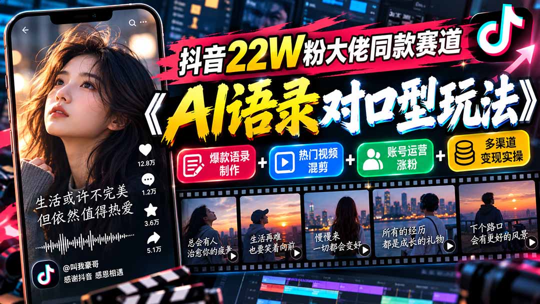 抖音22W粉大佬同款赛道《AI语录对口型玩法》：爆款语录制作+热门视频混剪+账号运营涨粉+多渠道变现实操-副业网