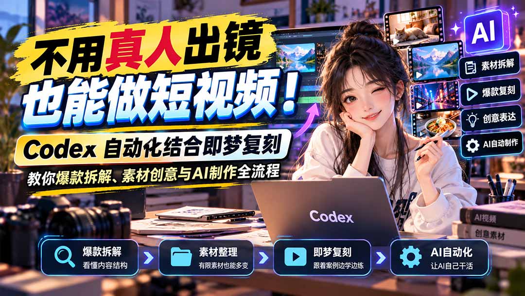 不用真人出镜也能做短视频！Codex自动化结合即梦复刻，教你爆款拆解、素材创意与AI制作全流程-副业网