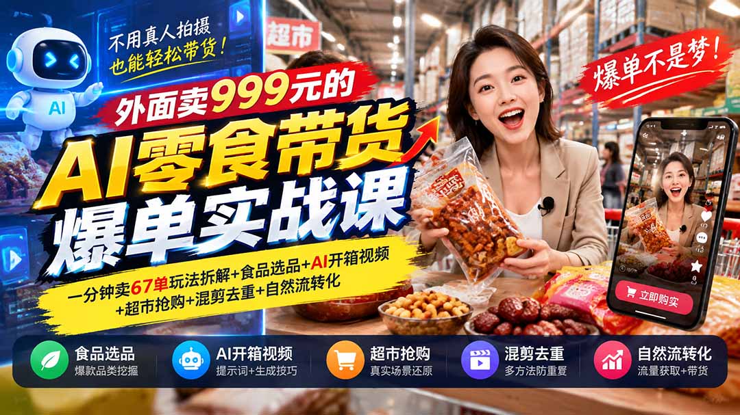 外面卖999元的AI零食带货爆单实战课｜一分钟卖67单玩法拆解+食品选品+AI开箱视频+超市抢购+混剪去重+自然流转化-副业网