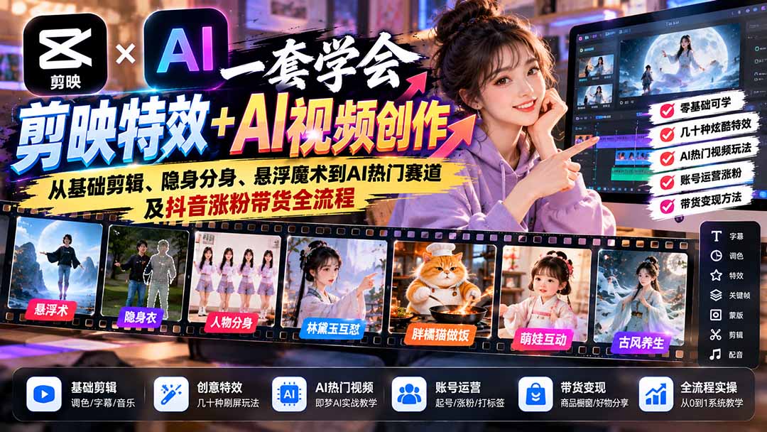 一套学会剪映特效+AI视频创作：从基础剪辑、隐身分身、悬浮魔术到AI热门赛道及抖音涨粉带货全流程-副业网