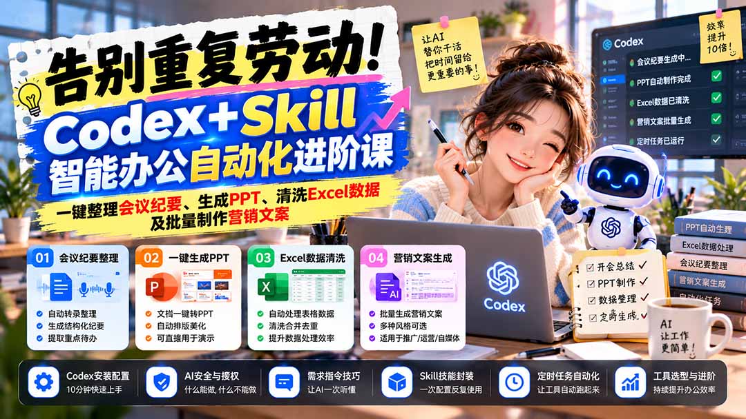 图片[2]-告别重复劳动！Codex+Skill智能办公自动化进阶课：一键整理会议纪要、生成PPT、清洗Excel数据及批量制作营销文案-副业网