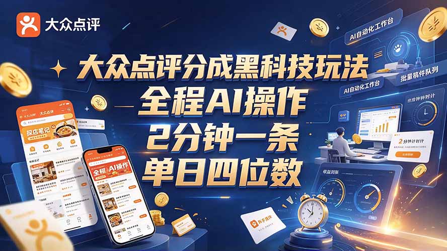 大众点评分成全网独家玩法，AI 全自动出内容，2 分钟一条，小白可冲单日四位数-副业网