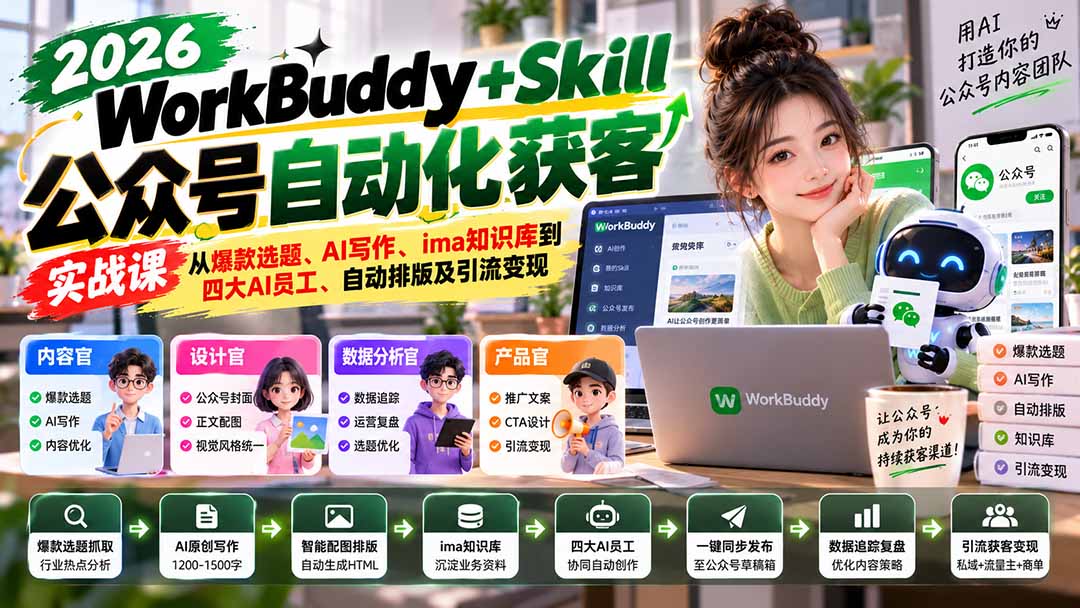 WorkBuddy + Skill公众号自动化获客实战课：从爆款选题、AI写作、ima知识库到四大AI员工、自动排版及引流变现-副业网