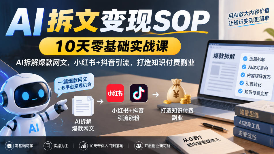 AI拆文变现SOP｜10天零基础实战课，AI拆解爆款网文，小红书+抖音引流，打造知识付费副业-副业网
