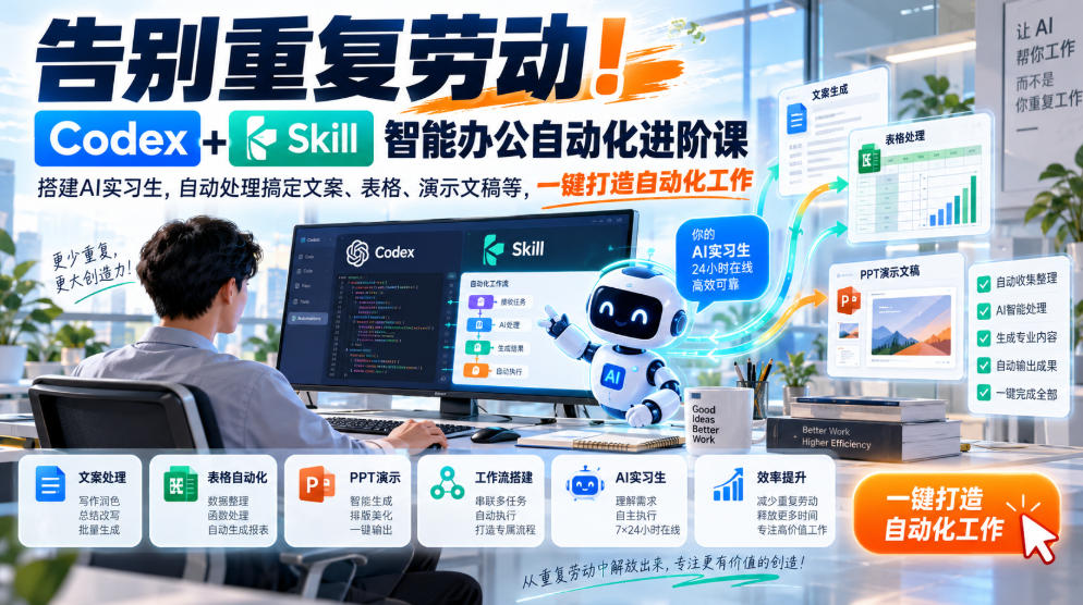 告别重复劳动!Codex+Skill智能办公自动化进阶课|搭建AI实习生,自动处理搞定文案、表格、演示文稿等,一键打造自动化工作-副业网