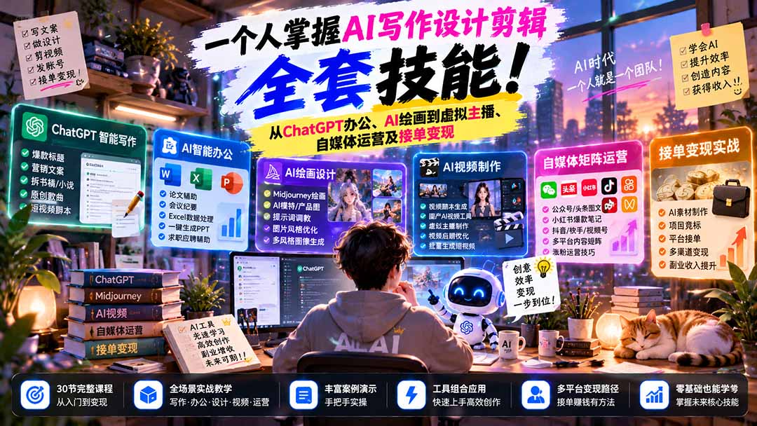 一个人掌握AI写作设计剪辑全套技能：从ChatGPT办公、AI绘画到虚拟主播、自媒体运营及接单变现-副业网