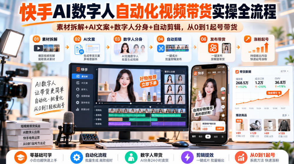 快手AI数字人自动化视频带货实操全流程｜素材拆解+AI文案+数字人分身+自动剪辑，从0到1起号带货(更新26年)-副业网